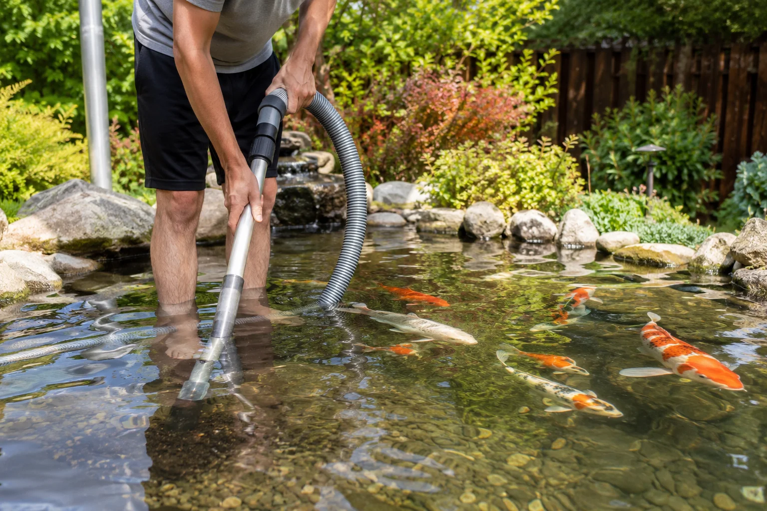 Pond vacuum removing sludge from the bottom of a backyard koi pond
