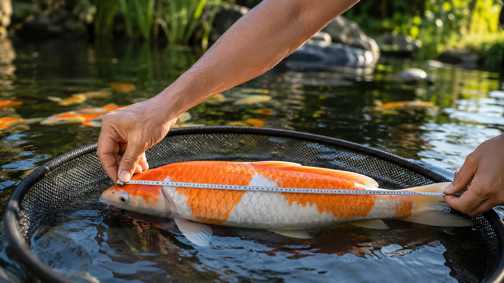 Koi Fish Weight & Growth Calculator: Free Tool + Growth Guide 7 Hobbyist gently measuring a koi's length with a soft tape in a backyard pond