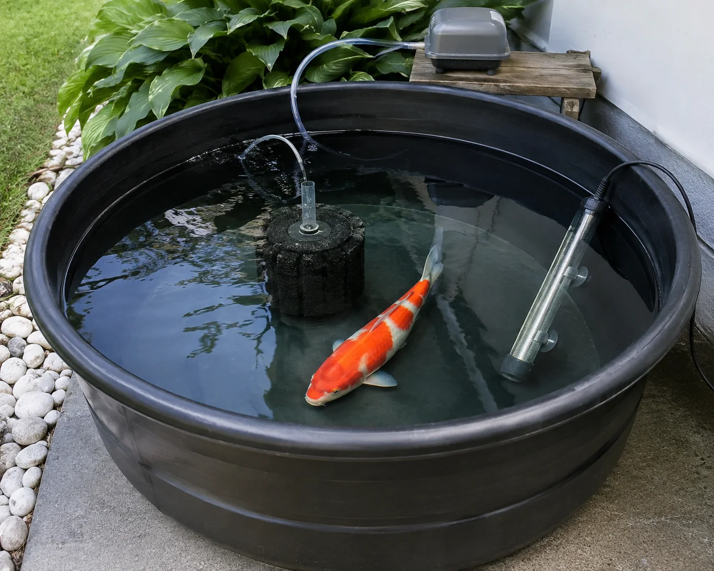 Quarantine tank setup for new koi with filter, air pump, and heater