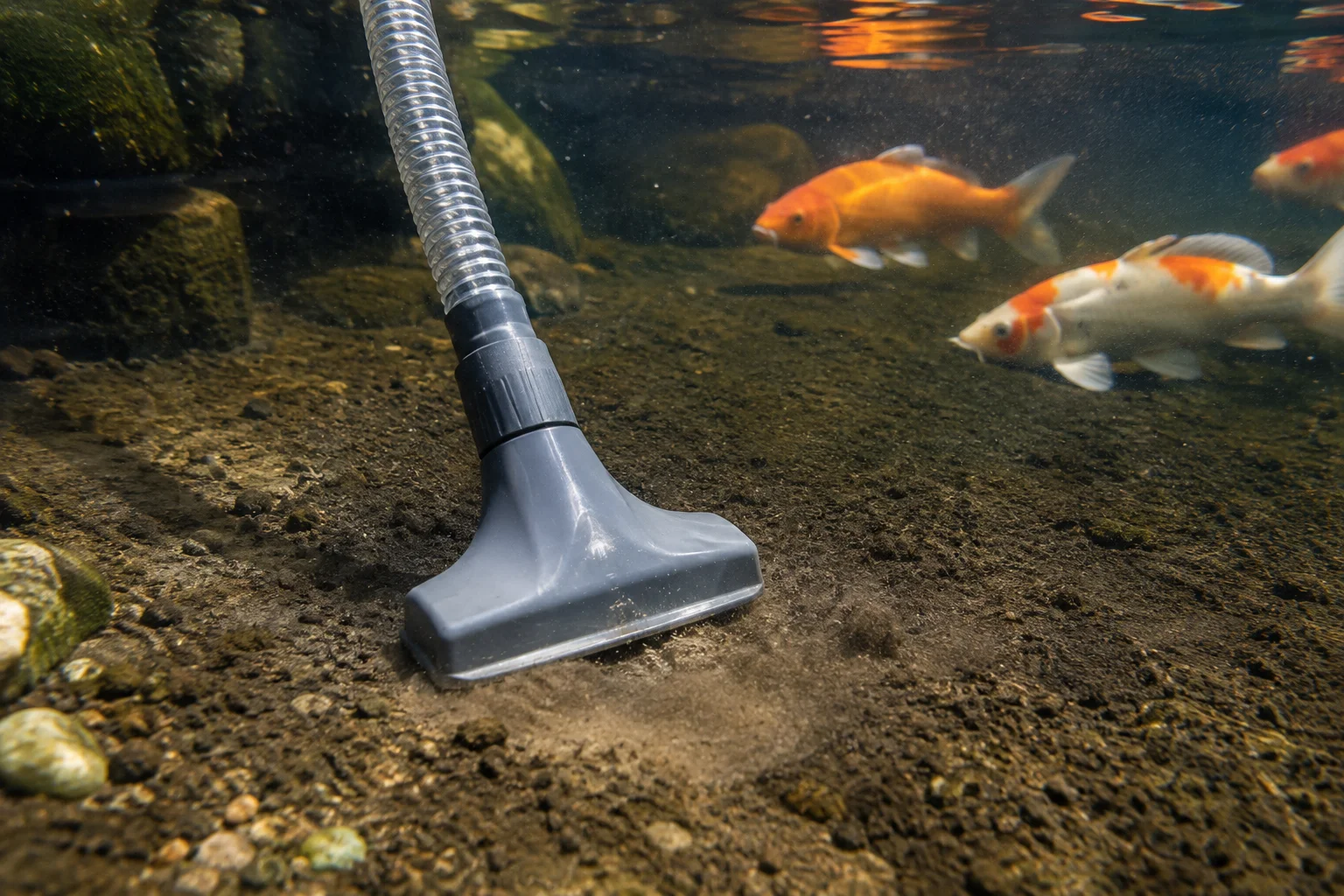 Person slowly moving a pond vacuum hose across the bottom of a koi pond