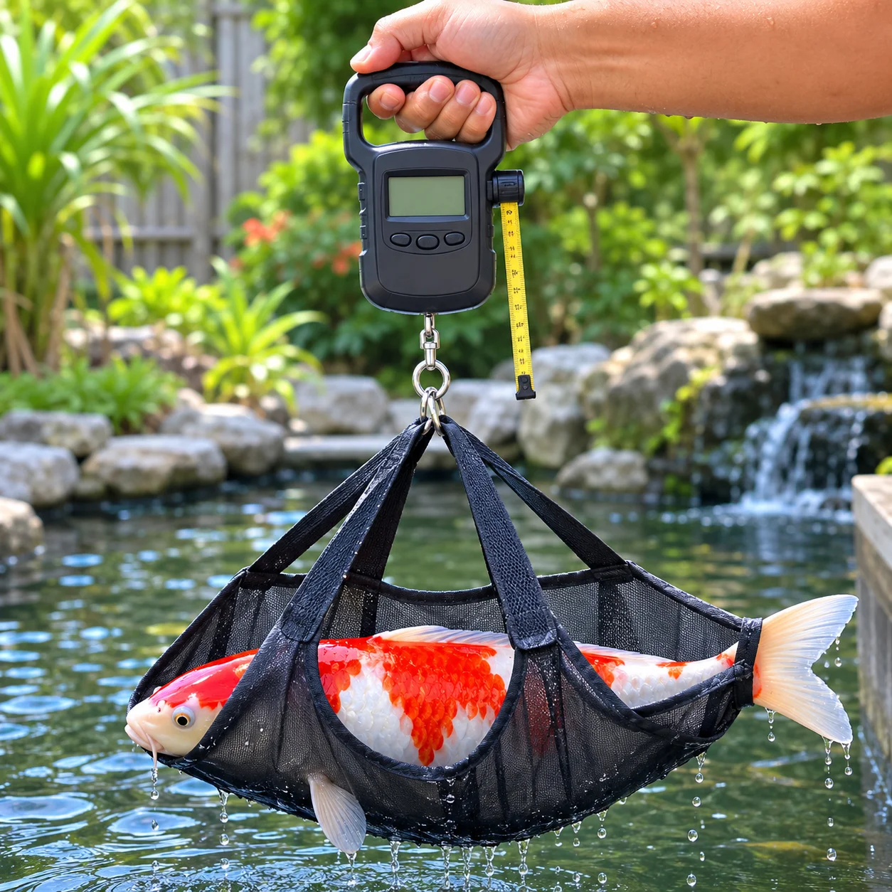 Koi Fish Weight & Growth Calculator: Free Tool + Growth Guide 9 Digital hanging fish scale being used to weigh a koi fish over a pond
