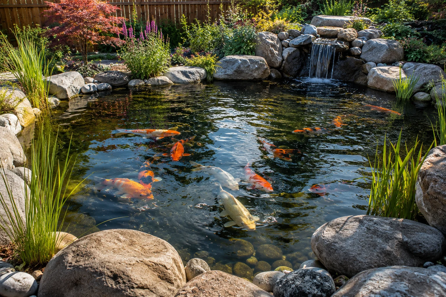 completed backyard koi pond with koi fish
