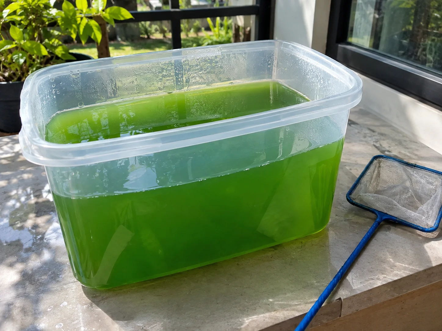 Clear container of vivid green water for a Daphnia magna culture setup