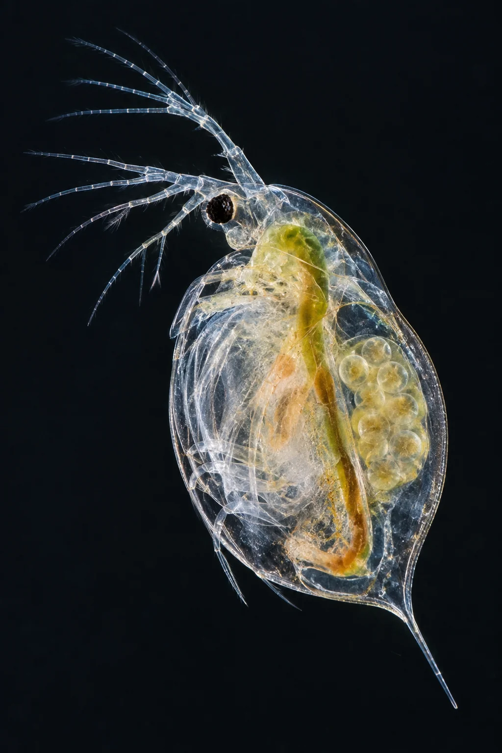 Close-up macro photo of a Daphnia magna water flea showing its translucent body and antennae