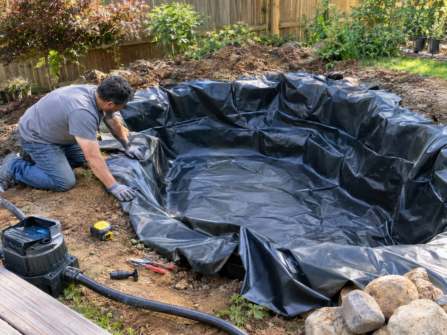 Koi Pond Kits: Types, Sizing, and Top Picks 12 Person installing a pond liner during a DIY koi pond kit setup