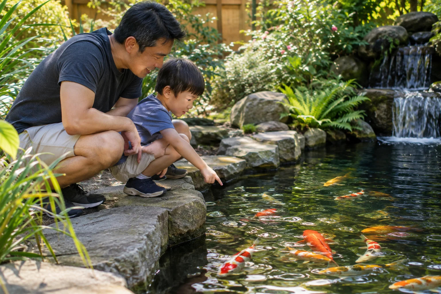 Parent and child looking at koi fish together at a backyard pond