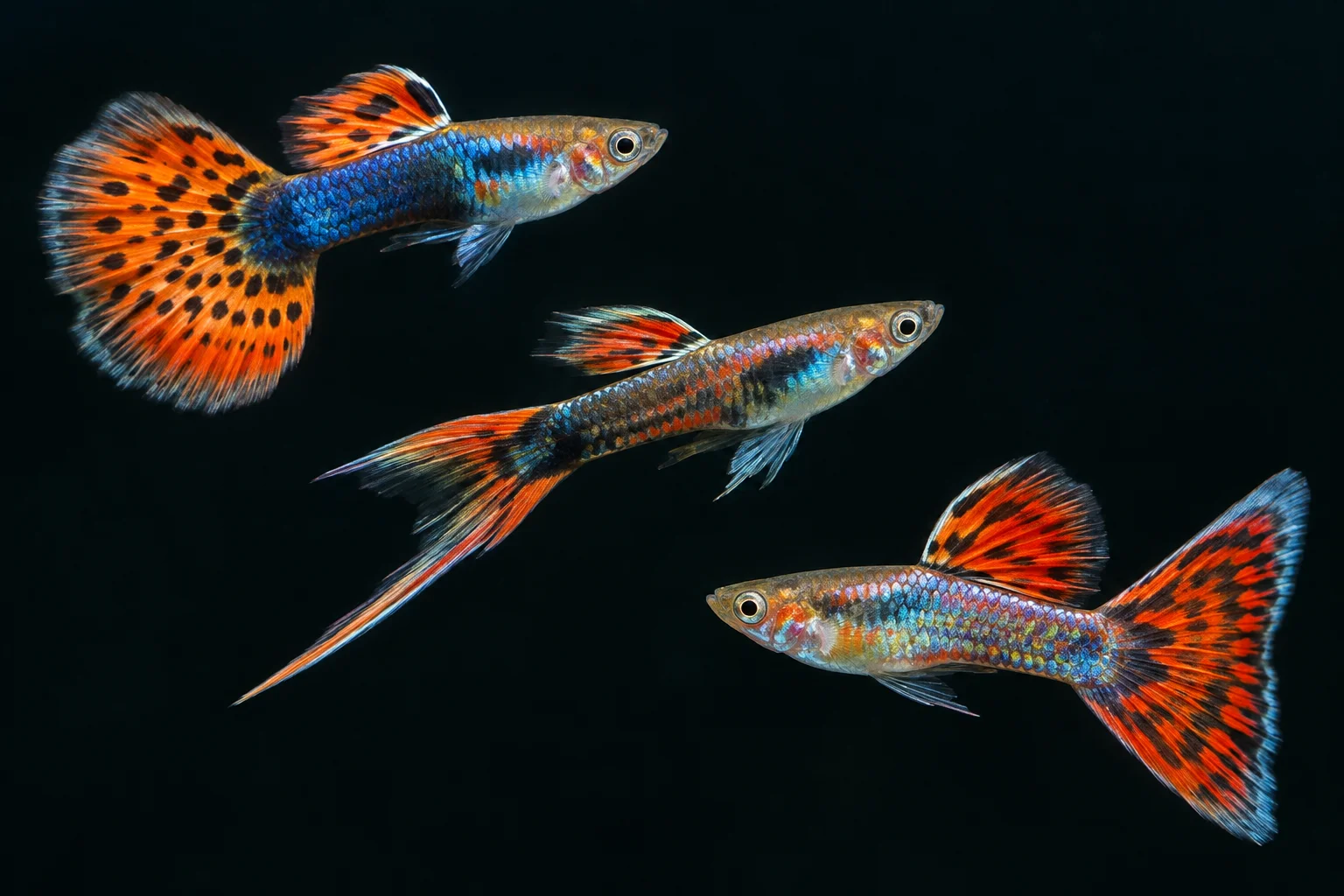 Comparison of guppy tail shapes including fan, spade, and delta tails
