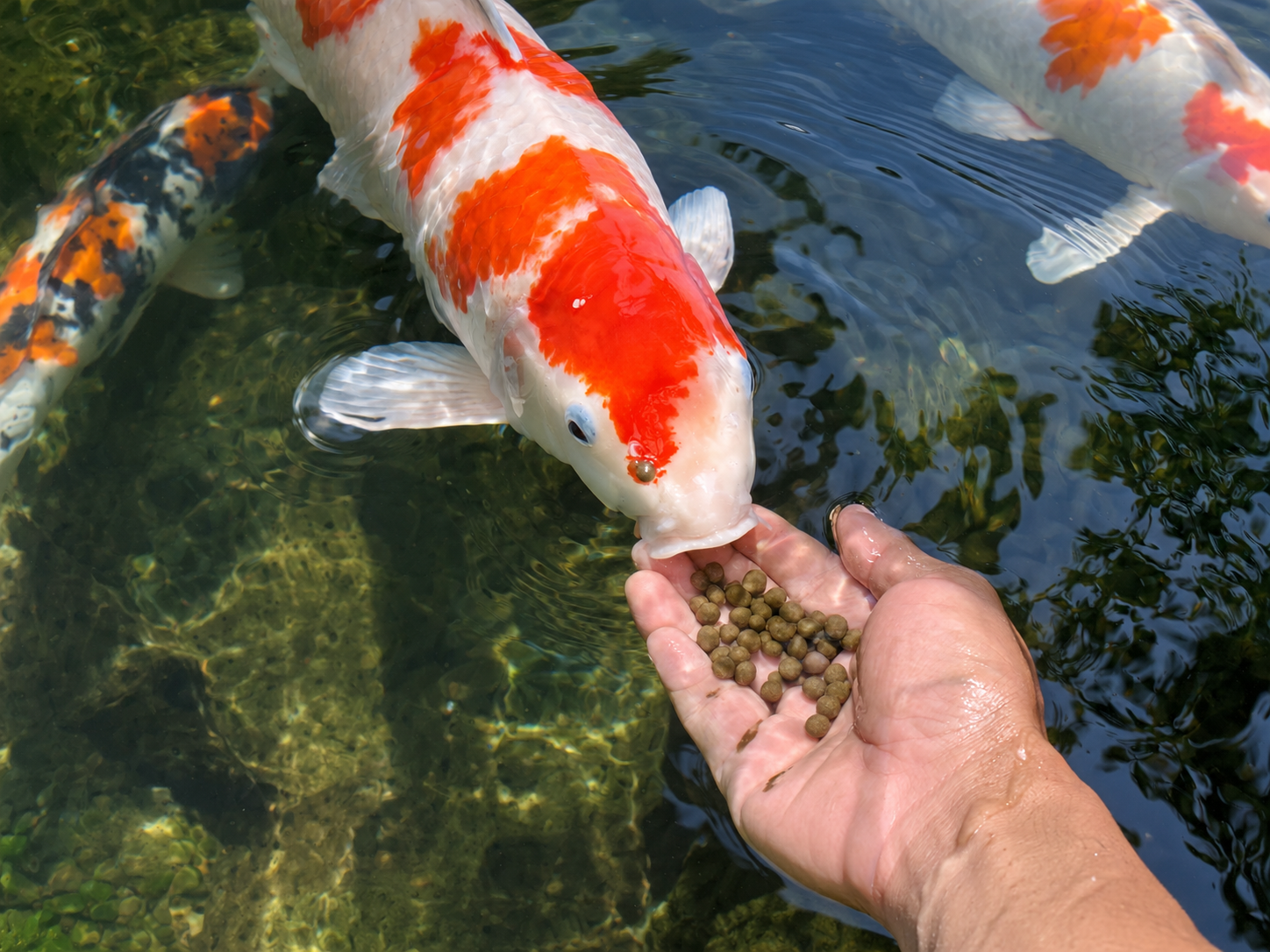 Close-up of a hand feeding a koi fish directly in a pond