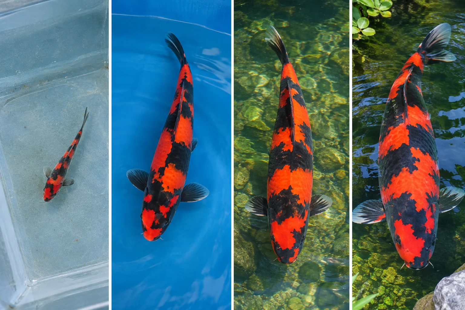 Hi Utsuri koi growth stages from fry to mature adult across four life stages