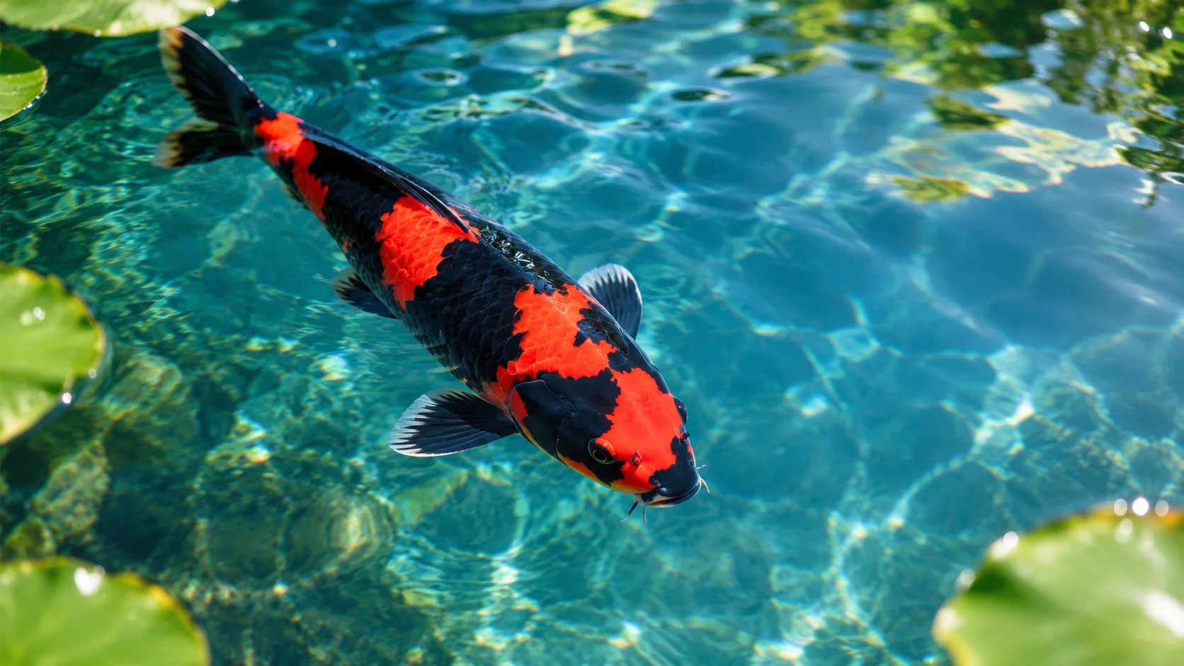 Hi Utsuri koi with sharp red and black kiwa swimming in a Giobel Koi Center pond