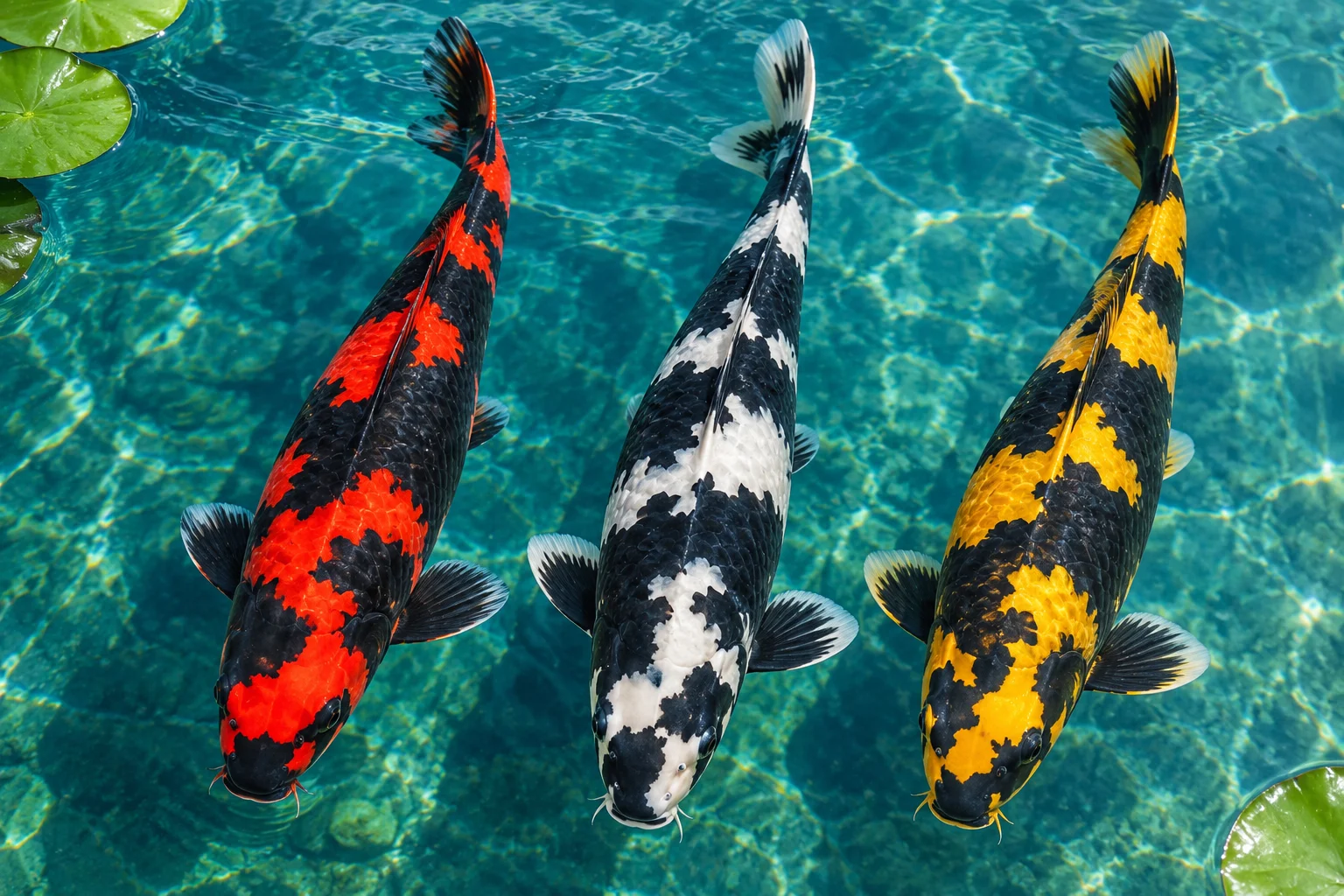Side by side comparison of Hi Utsuri, Shiro Utsuri, and Ki Utsuri koi showing red, white, and yellow markings on a black base