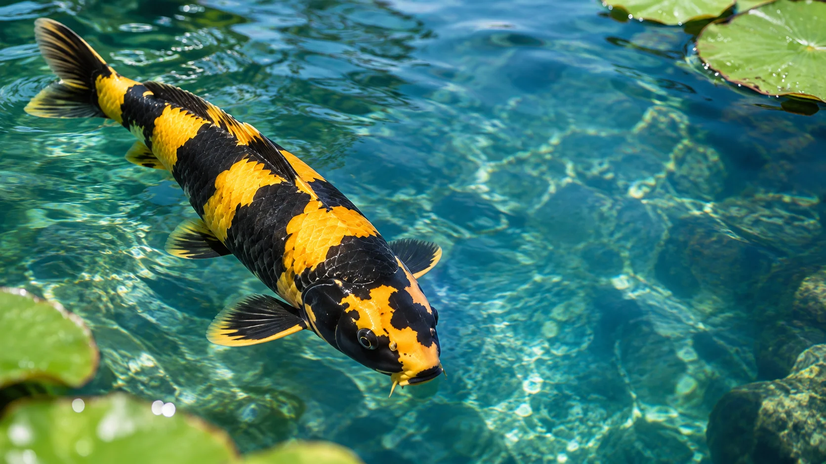 Ki Utsuri koi with black and golden-yellow checkerboard pattern swimming in a Giobel Koi Center pond