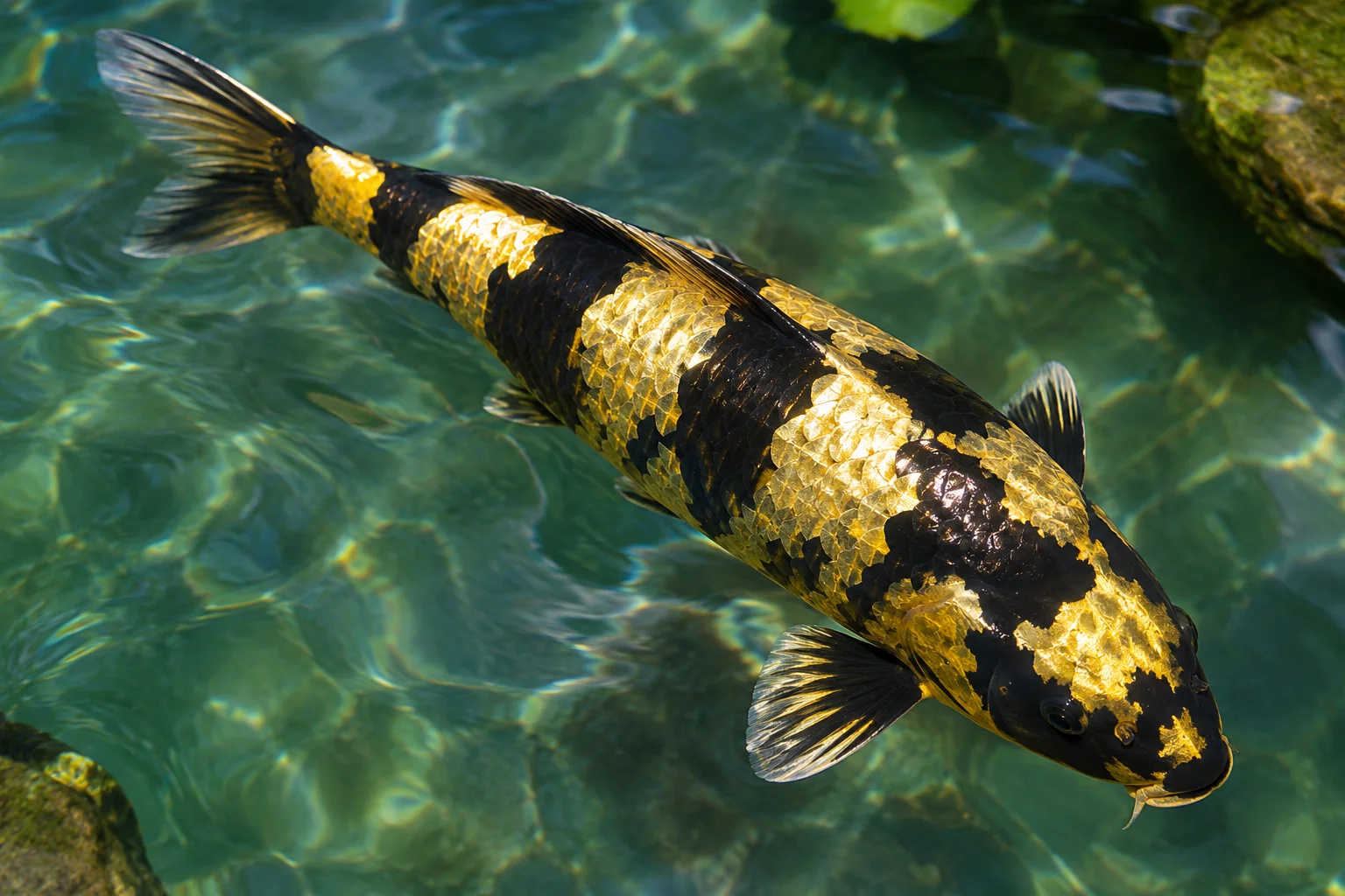 Kin Ki Utsuri koi showing metallic sheen over black and yellow markings