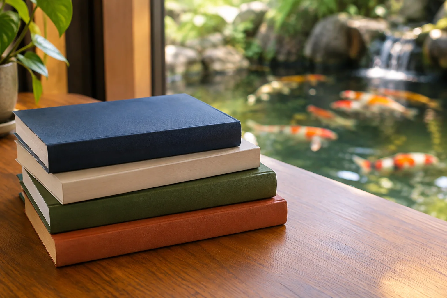 Stack of koi reference books with pond visible in background