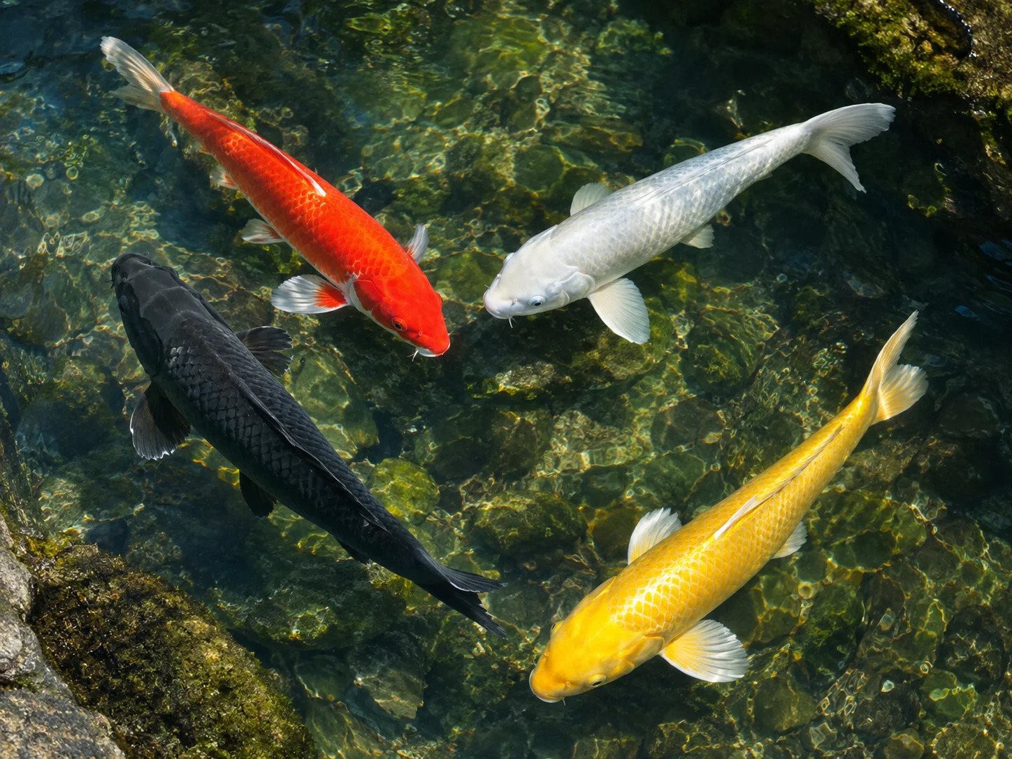 Koi fish in red, white, black, and gold, each representing a different meaning