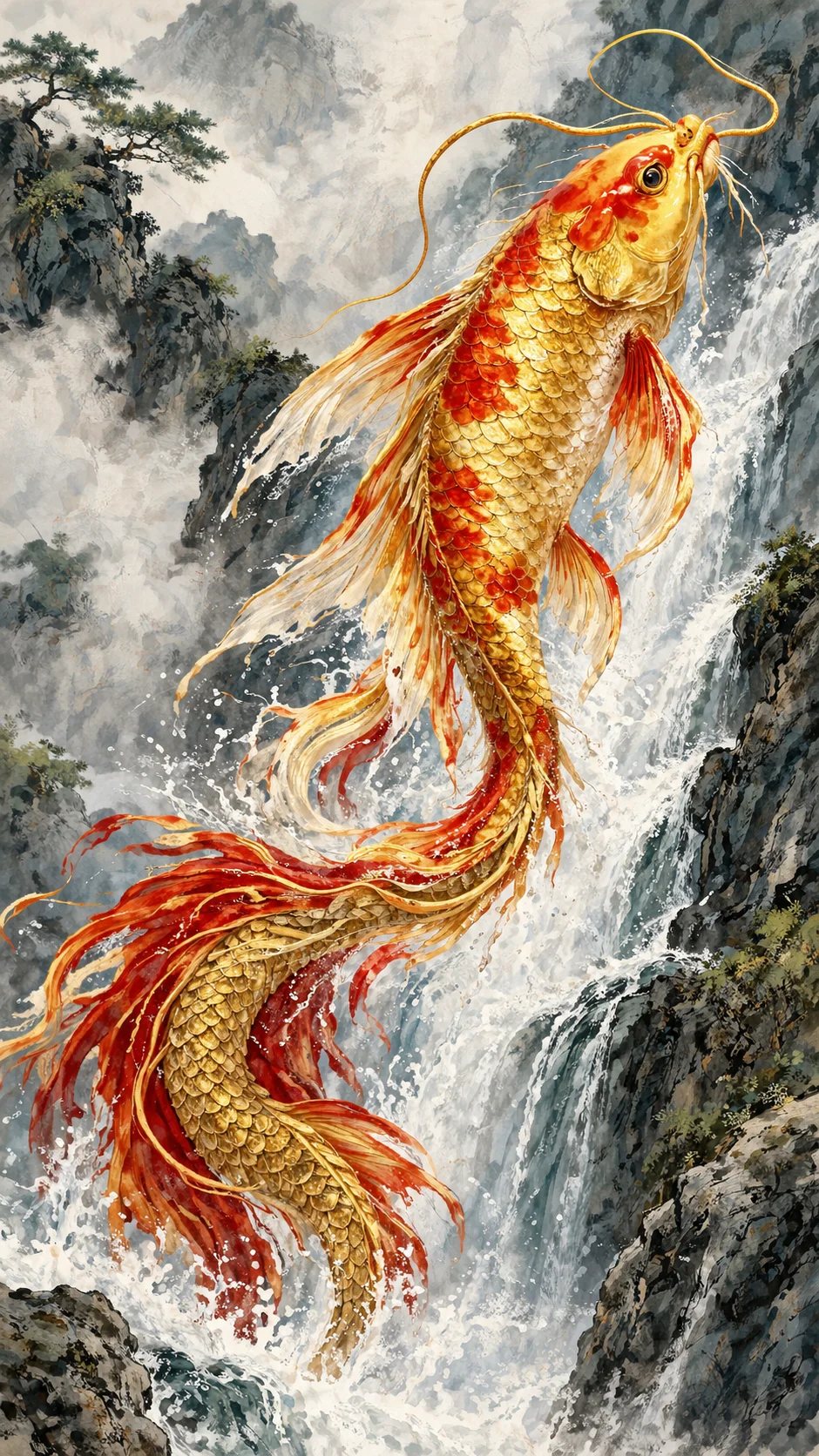 10 Fun Facts About Koi Fish You Probably Didn't Know 9 Illustration of a koi fish transforming into a dragon at the Dragon Gate waterfall