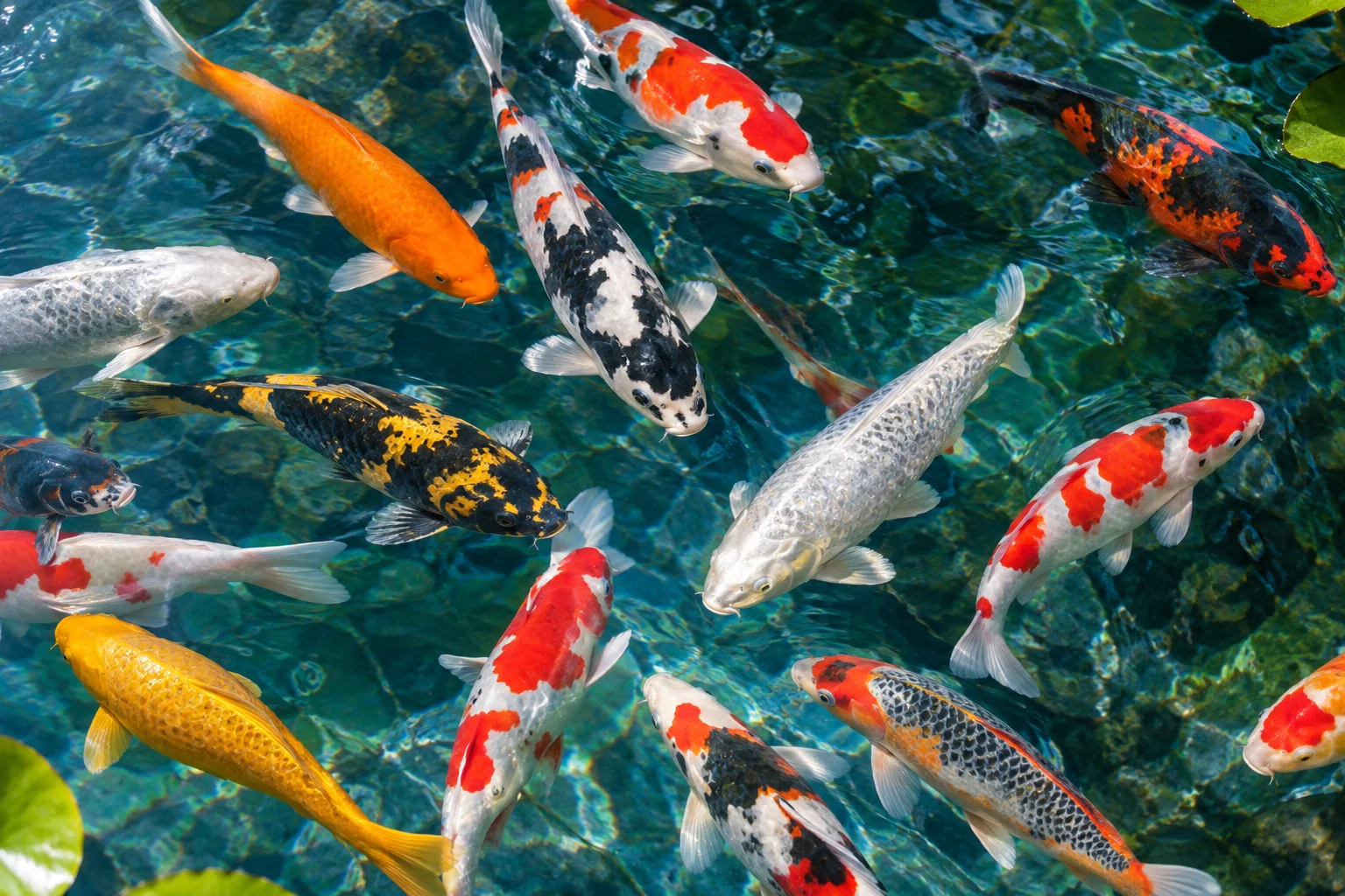 Group of koi fish showing a wide variety of colors and patterns in a pond
