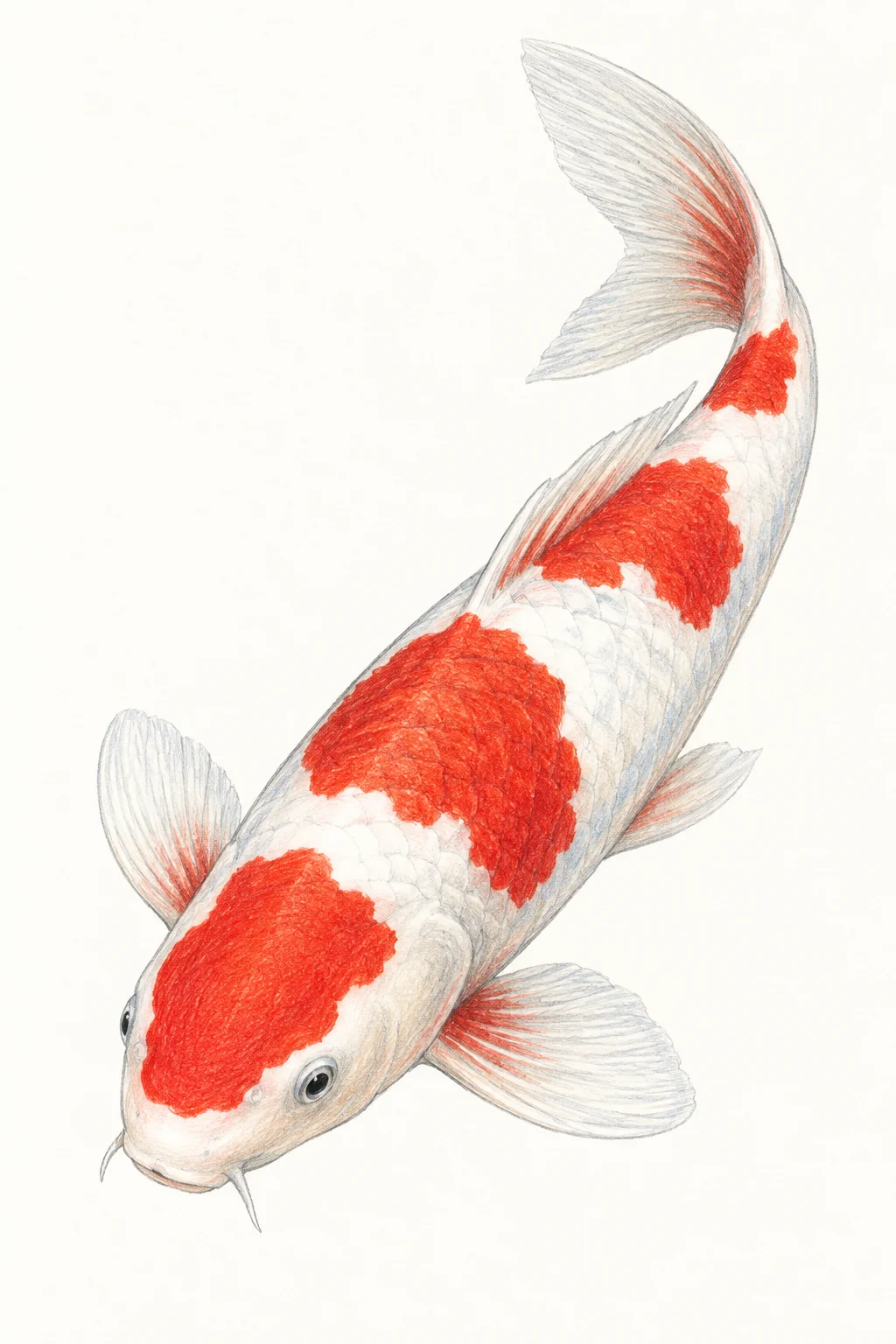 Finished koi fish drawing with Kohaku pattern, colored pencil illustration