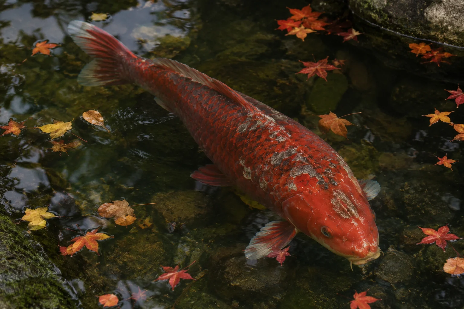 10 Fun Facts About Koi Fish You Probably Didn't Know 11 Large mature scarlet koi fish swimming in a traditional Japanese garden pond