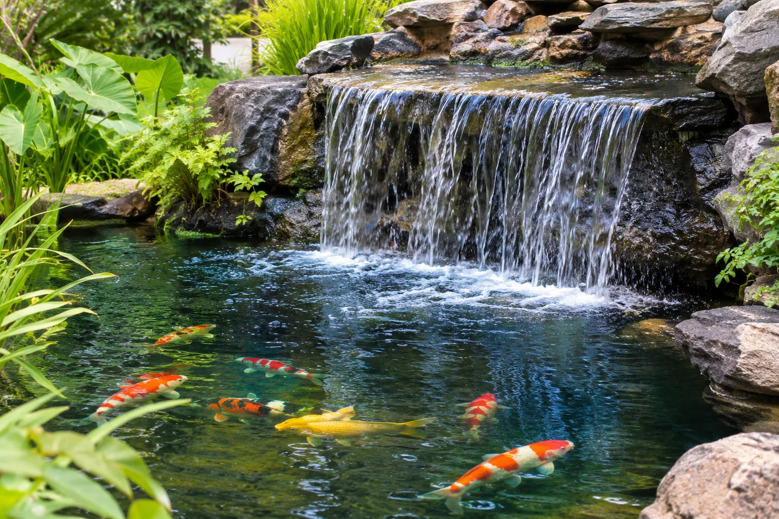Koi pond waterfall with biofalls filtration built into rock landscaping