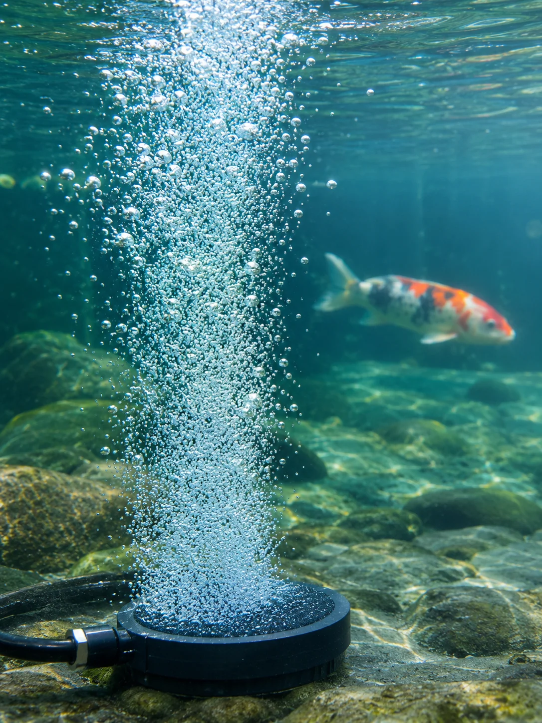 Bottom diffuser releasing bubbles for koi pond aeration