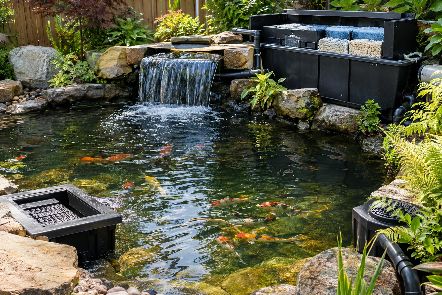 Backyard koi pond with skimmer, waterfall filter, and pump equipment visible