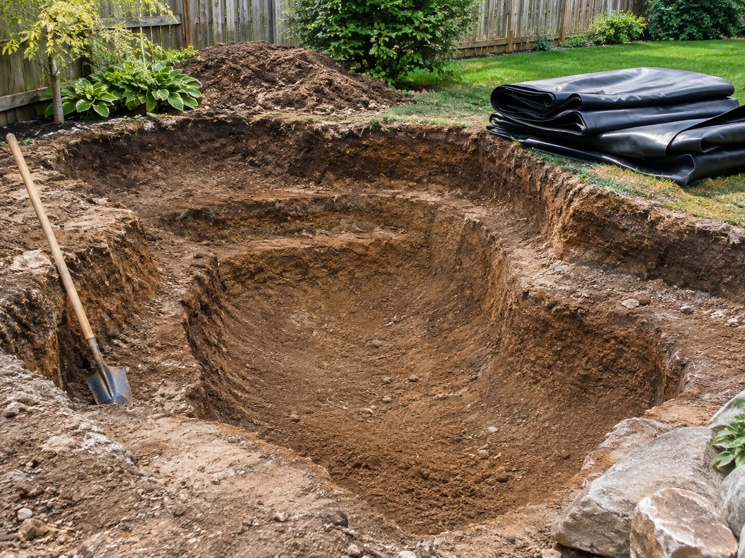 Partially dug koi pond excavation with liner material ready for installation