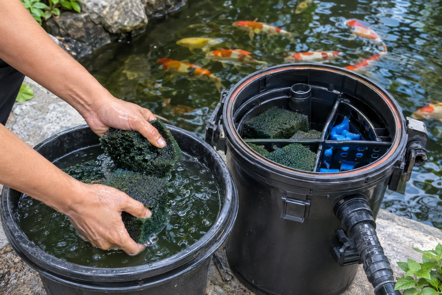 koi pond filter media cleaning maintenance
