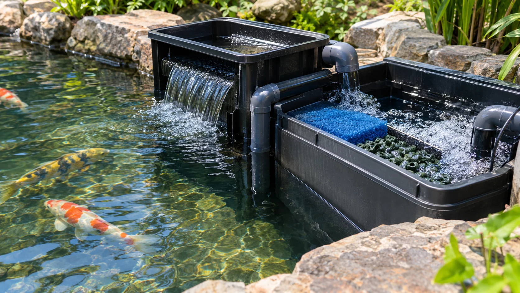 Koi pond filtration system supporting higher stocking density