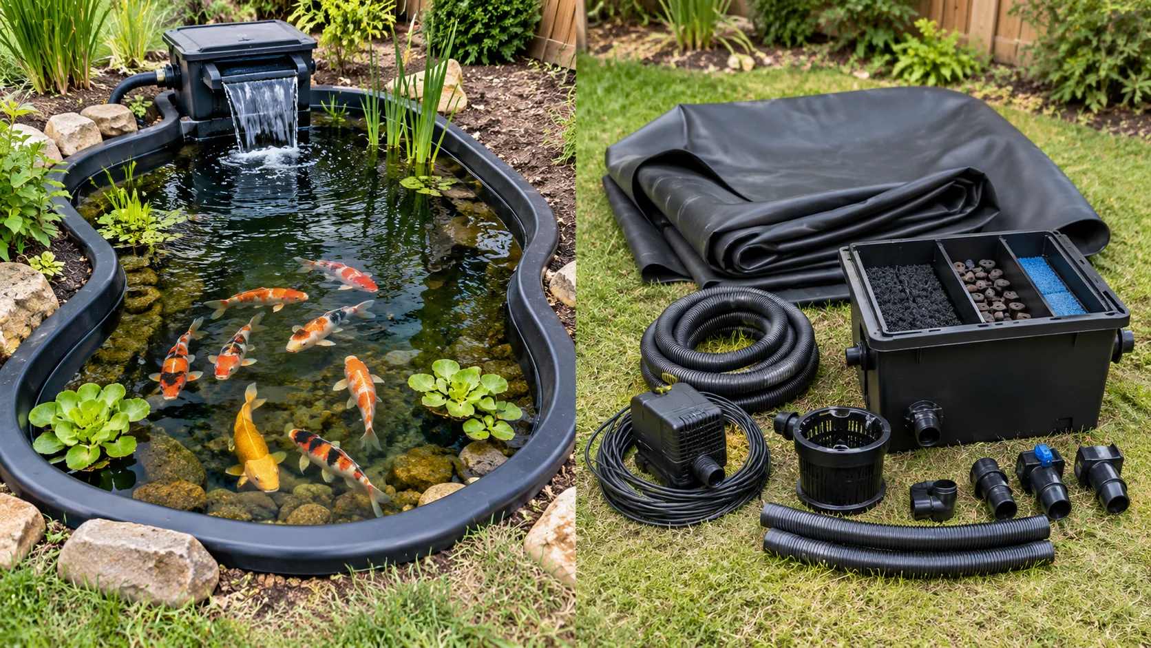 Koi Pond Kits: Types, Sizing, and Top Picks 10 Pre-fabricated pond kit shell compared to loose customizable pond kit components