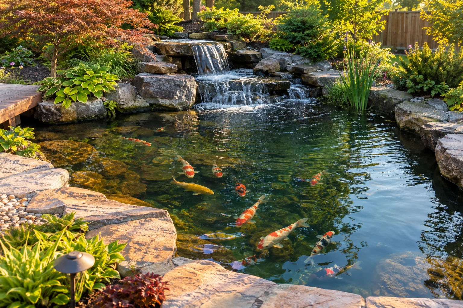 Professionally built koi pond with waterfall and stone edging