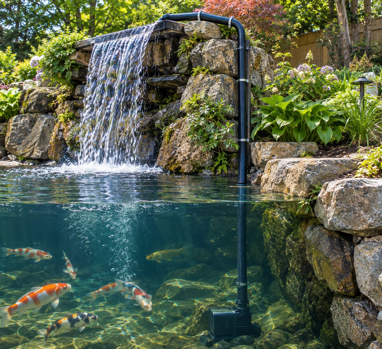 Best Koi Pond Pumps: Sizing, Head Height, and Top Picks 8 Pond pump tubing running uphill to a waterfall, illustrating head height and vertical lift
