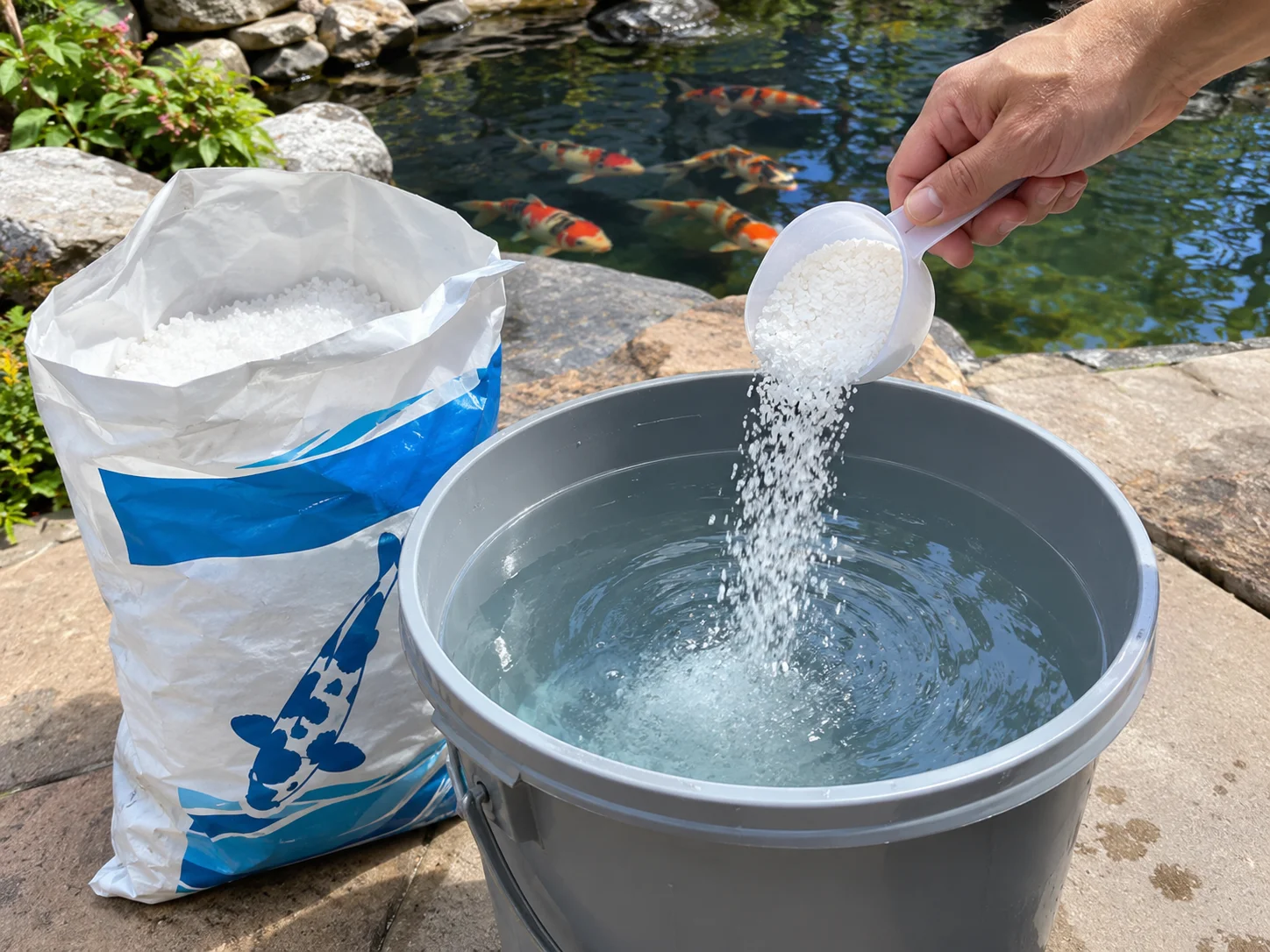 What Kind of Salt to Use in a Koi Pond (And How Much) 12 Measuring pond salt with a scoop before dissolving in water