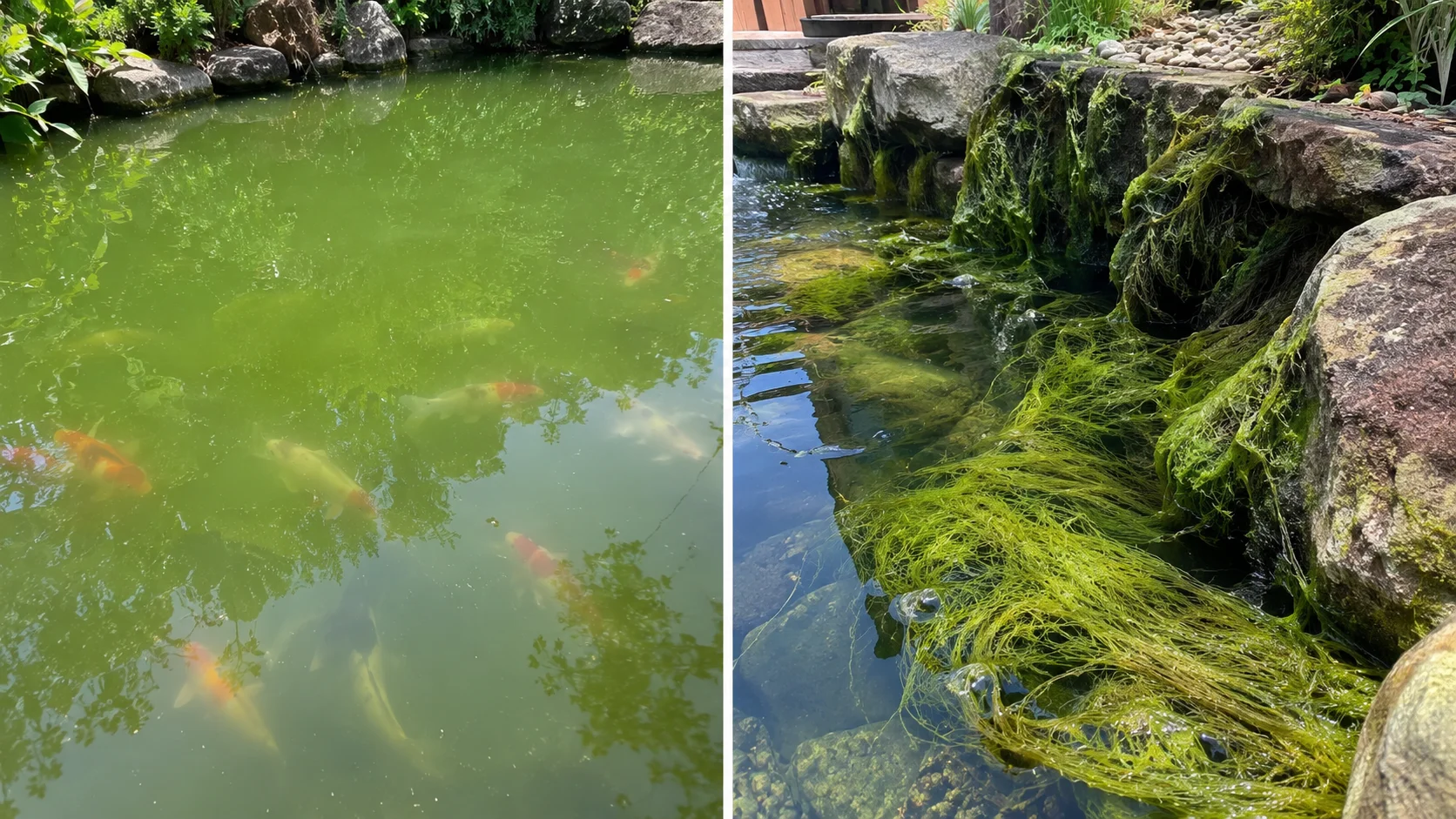 Comparison of green water algae and string algae blanketweed in a koi pond