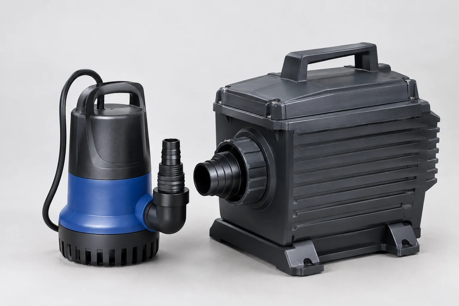 Best Koi Pond Pumps: Sizing, Head Height, and Top Picks 7 Comparison of a submersible pond pump and an external pond pump