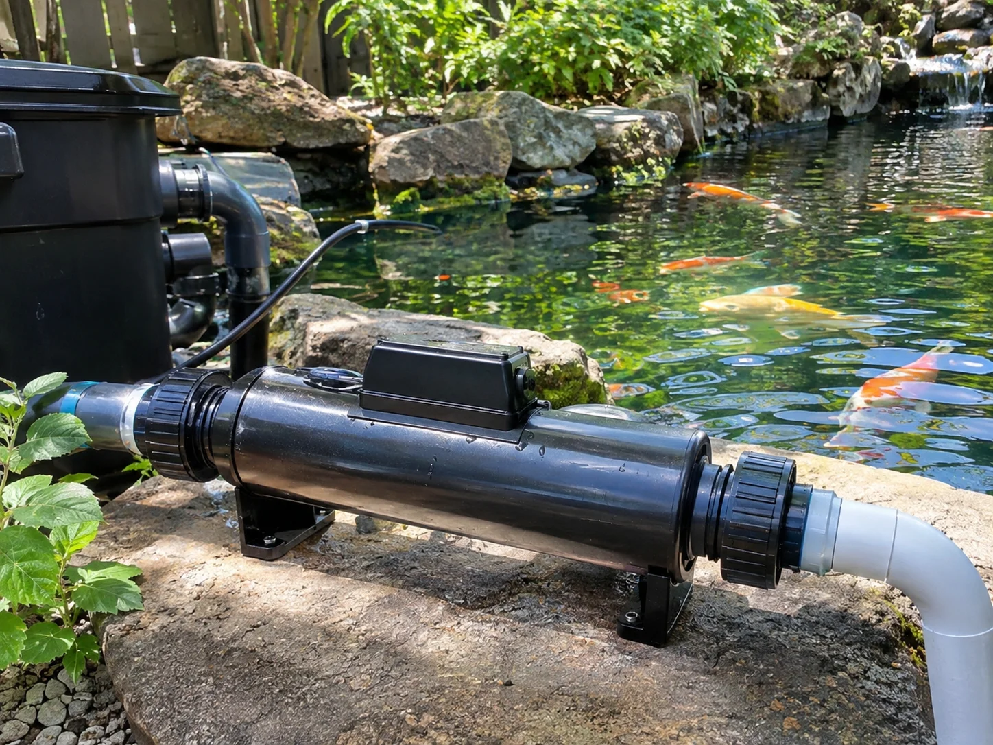 UV clarifier installed inline with koi pond filtration plumbing