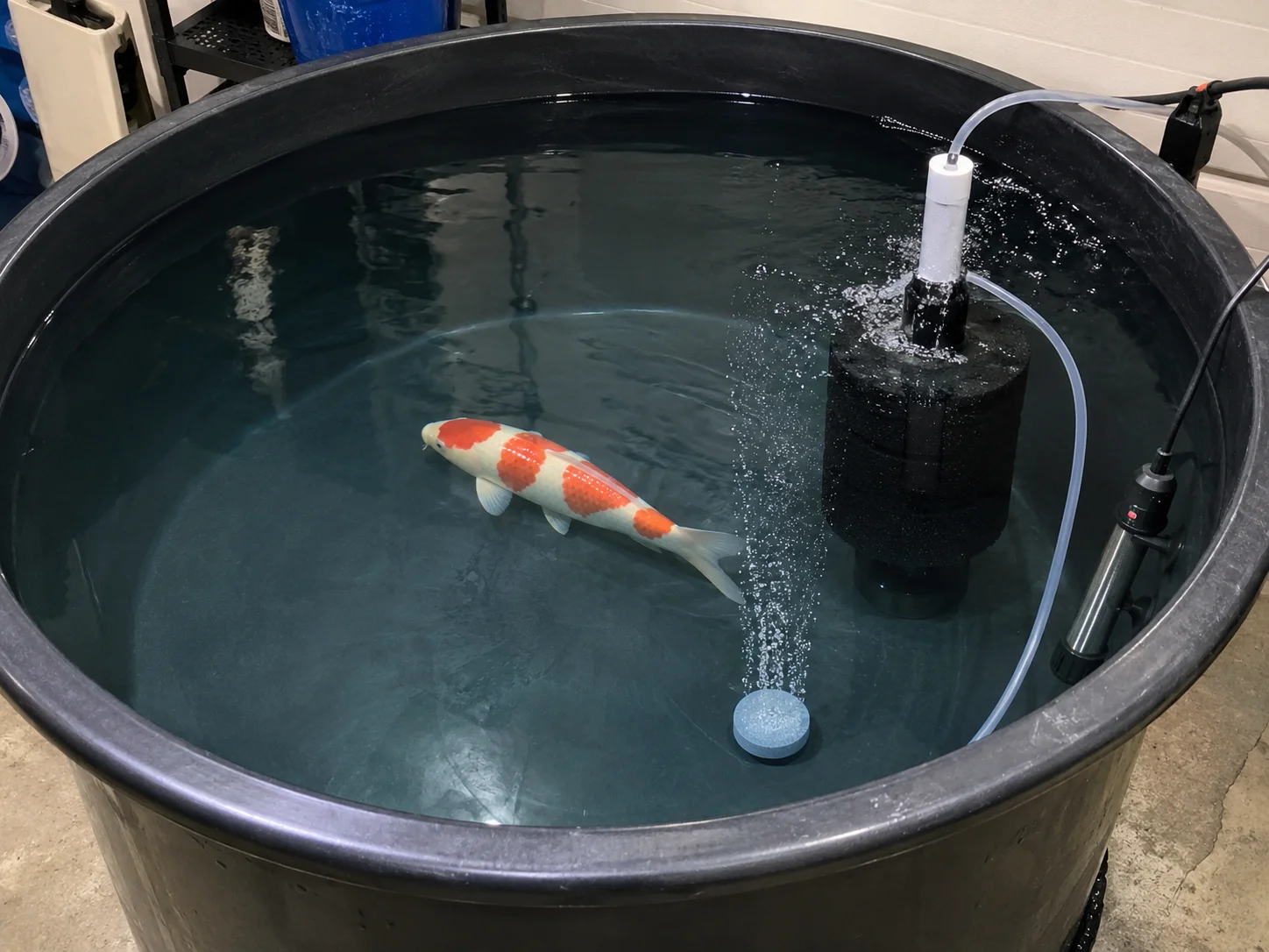 Bare quarantine tank setup for a new koi with filtration and air stone