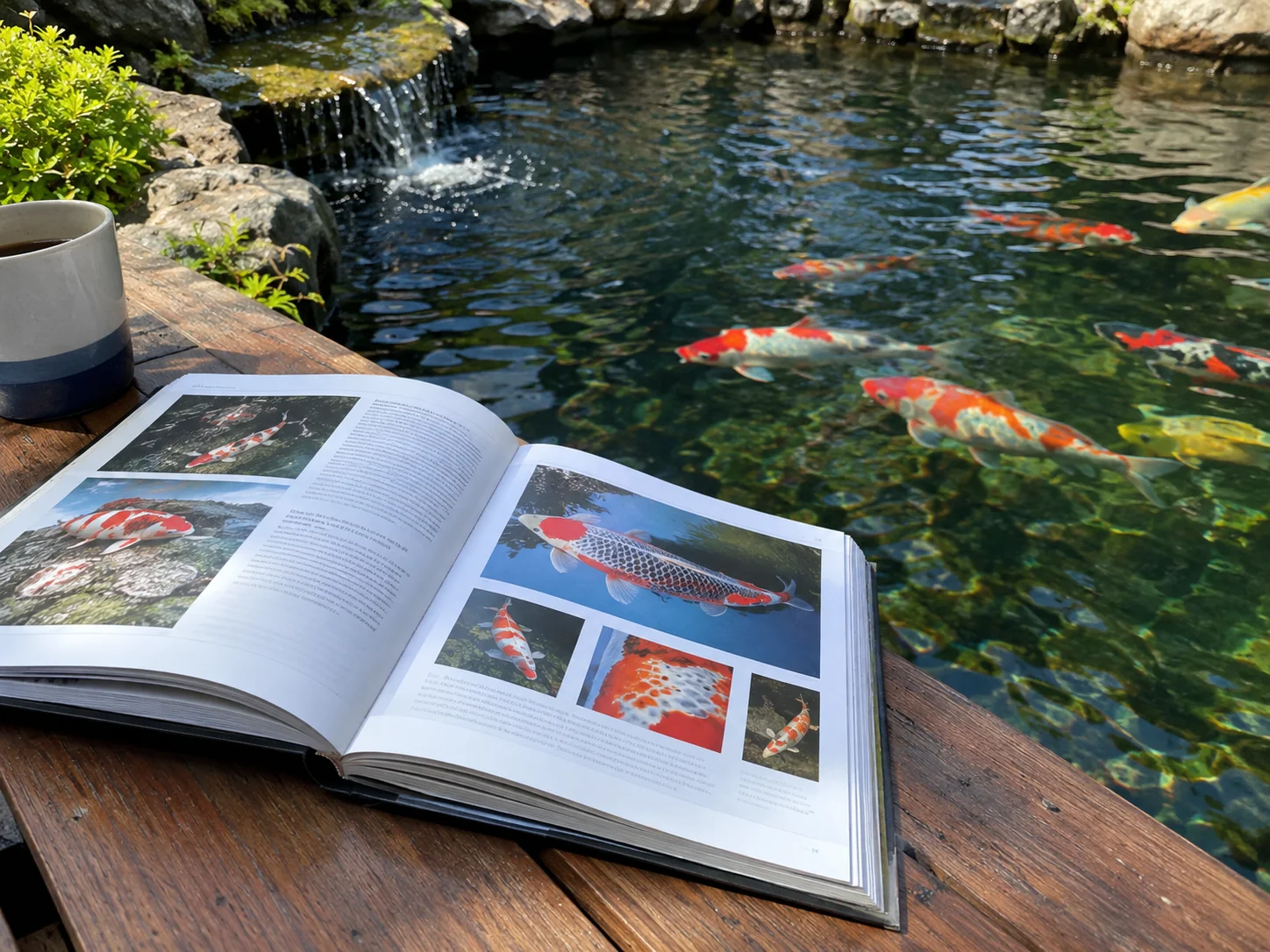 Reference book resting beside a backyard koi pond