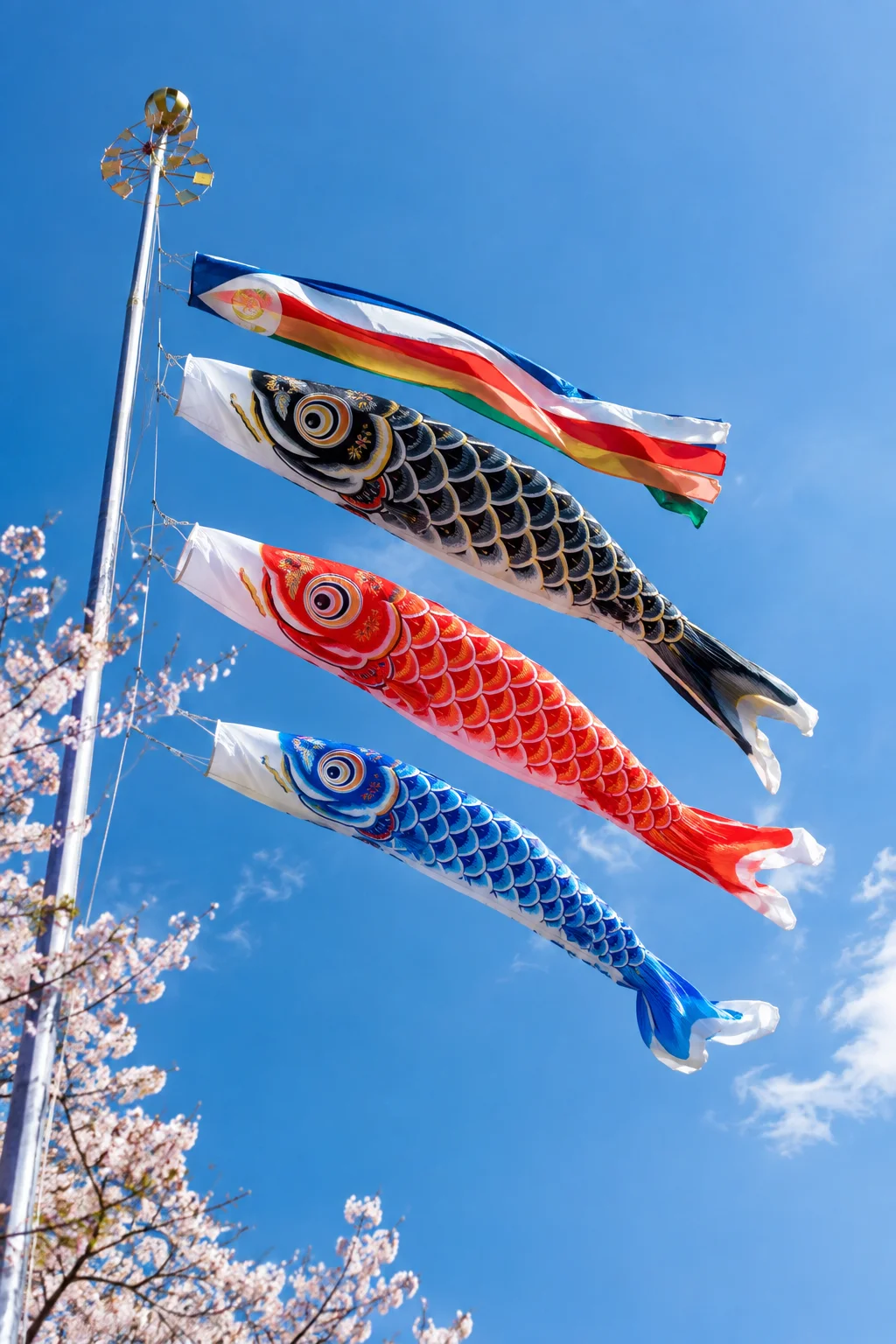 Traditional Japanese koinobori koi banners flying against a blue sky