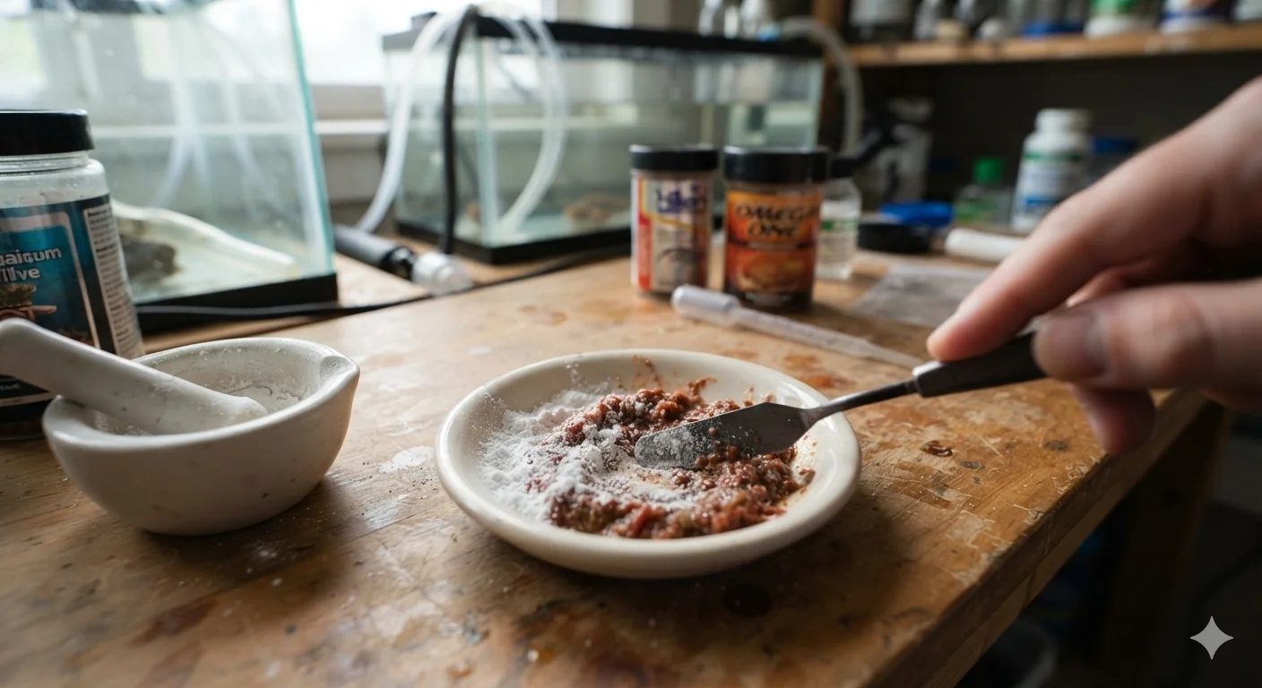 Crushed metronidazole tablet powder being mixed into fish food