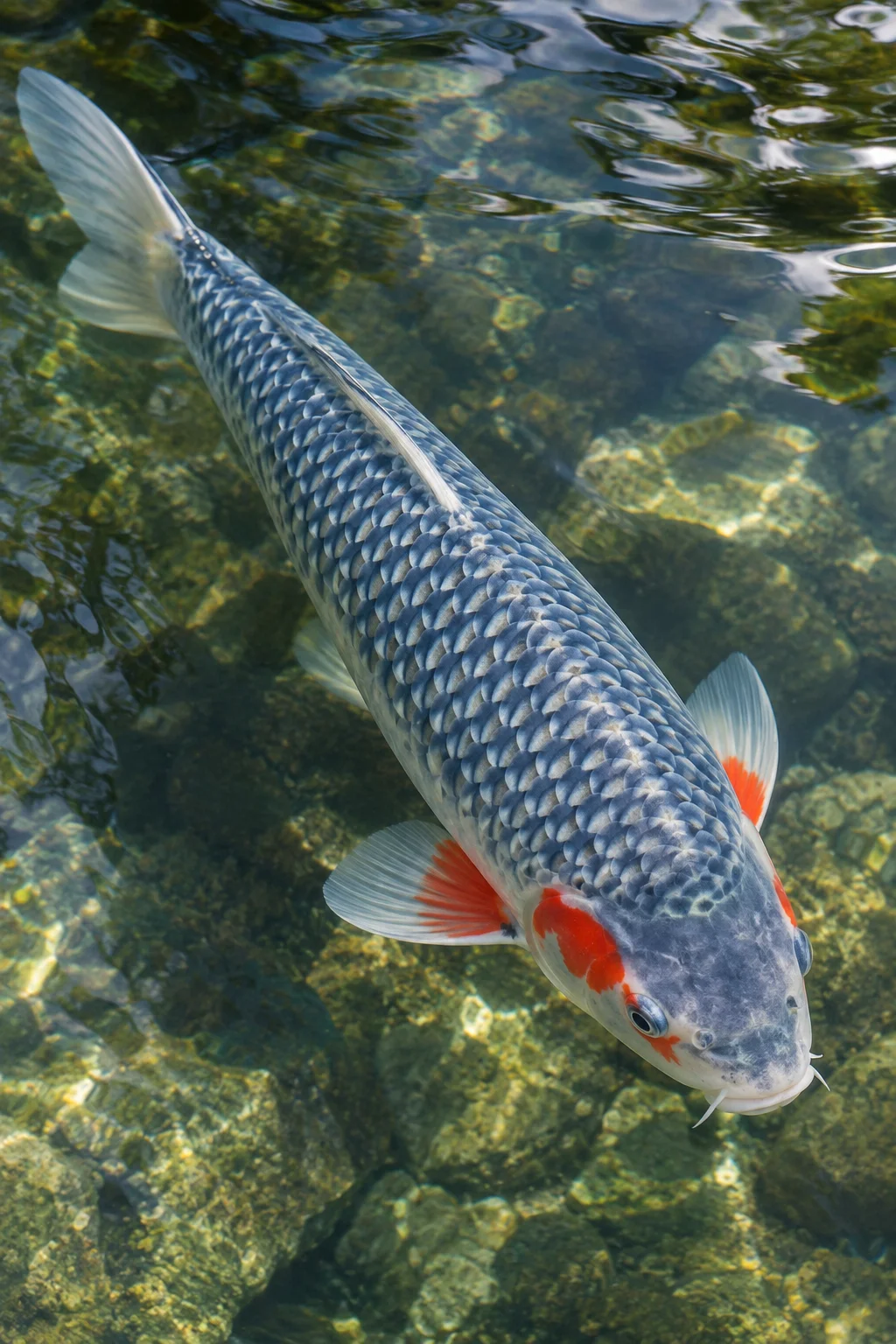 Narumi Asagi koi showing mid-blue net-like reticulated scale pattern