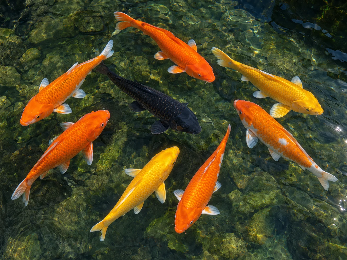 Nine koi arrangement of eight gold koi and one black koi for feng shui wealth
