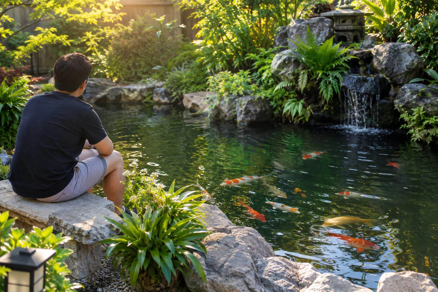 Person relaxing quietly beside a backyard koi pond
