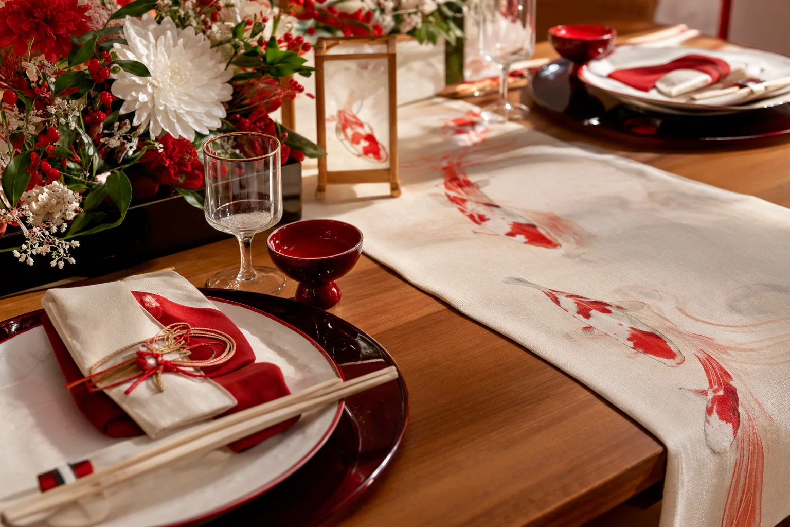 The Red Koi and Love: A Symbol of Eternal Romance in Japan 10 Red koi motif in Japanese-style wedding decor