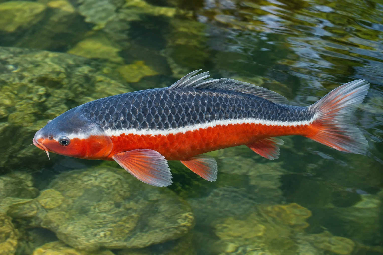 Taki Asagi koi showing the horizontal white waterfall line separating its dark back from its red belly