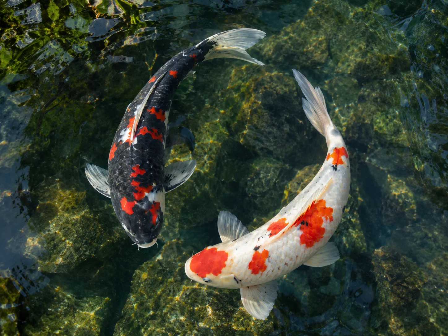 Two koi fish swimming together in a circular yin-yang pattern