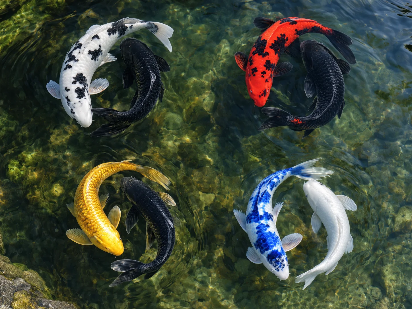Four yin-yang koi color variations: black and white, red and black, gold and black, blue and white