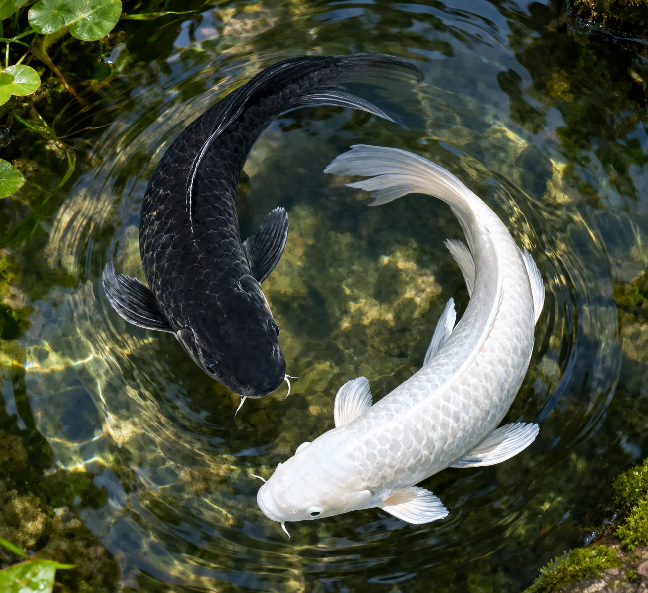 Two koi fish, one black and one white, swimming in a circular yin-yang pattern