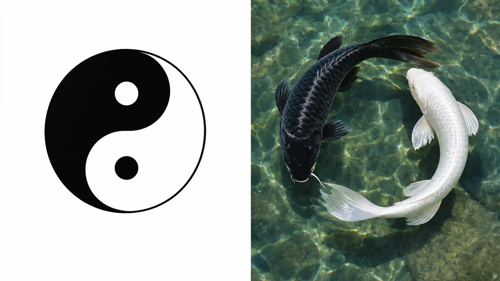 Classic yin-yang symbol compared to two koi fish forming a similar circular shape