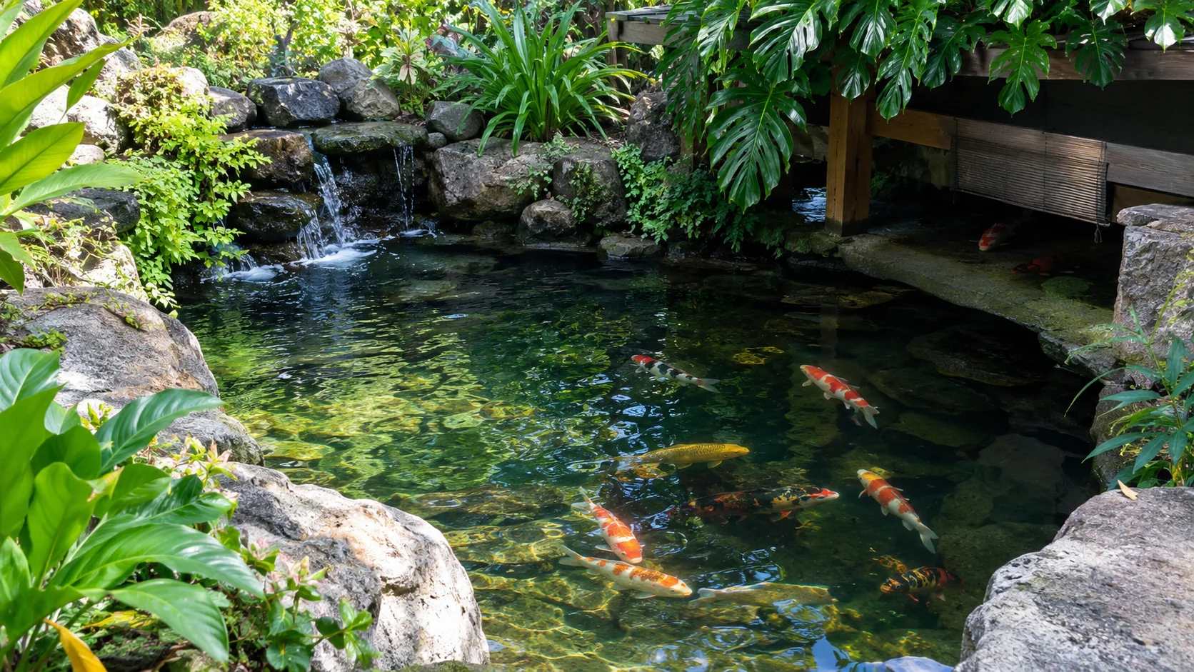 Koi pond with shelter plants and rocks for fish